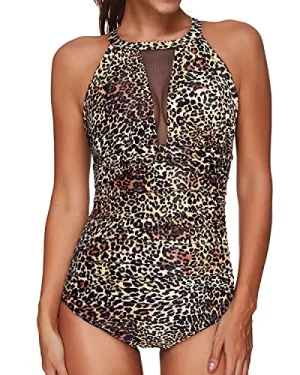 Halter High Neck Mesh Tummy Control One Piece Swimsuit-Leopard