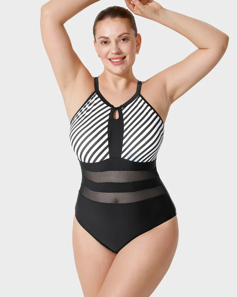 Halter Neck Striped Mesh Insert One-Piece Swimsuit