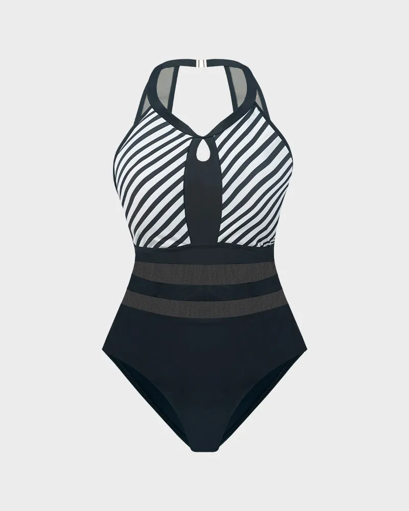 Halter Neck Striped Mesh Insert One-Piece Swimsuit