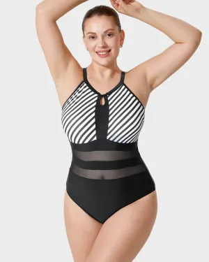 Halter Neck Striped Mesh Insert One-Piece Swimsuit