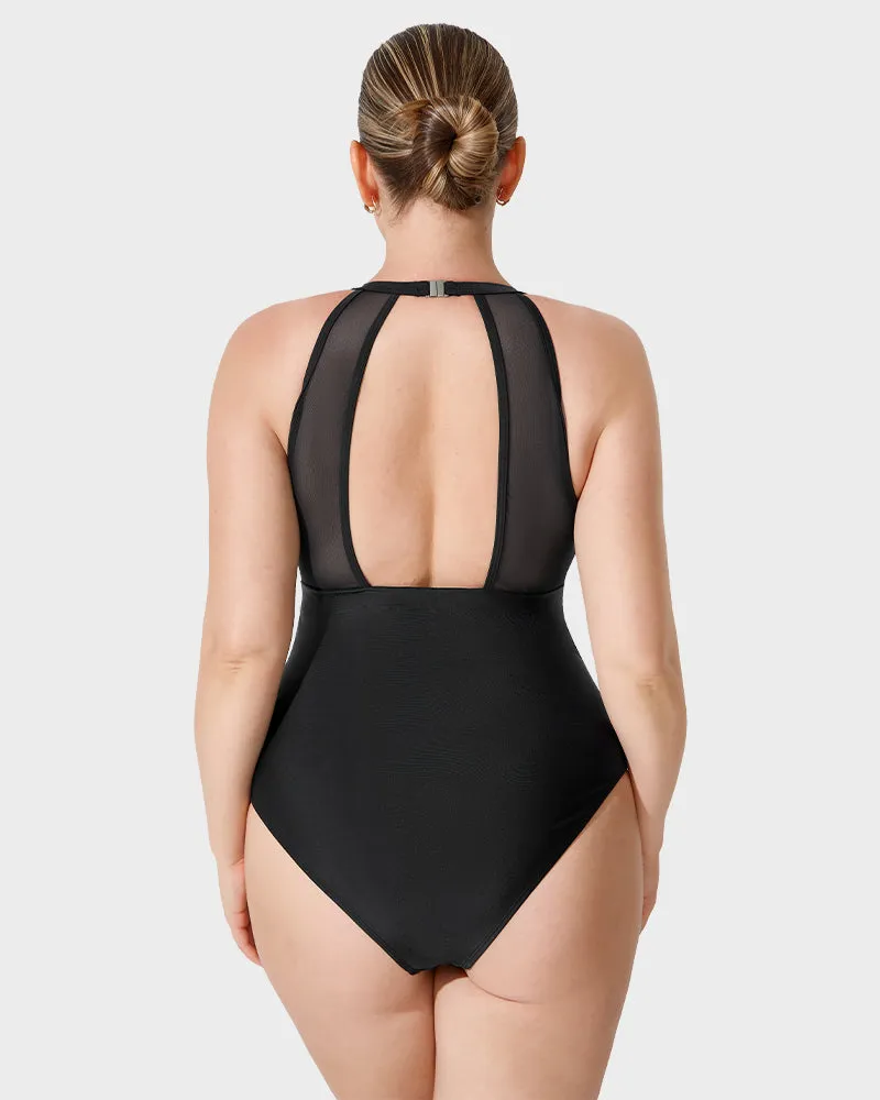 Halter Neck Striped Mesh Insert One-Piece Swimsuit