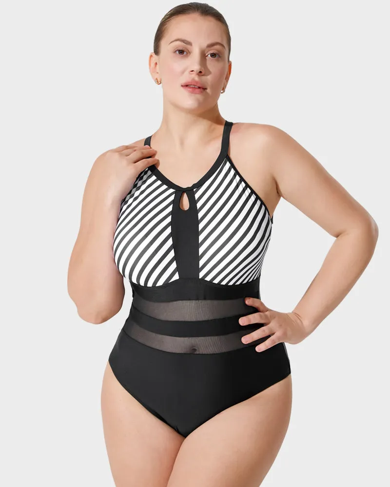 Halter Neck Striped Mesh Insert One-Piece Swimsuit