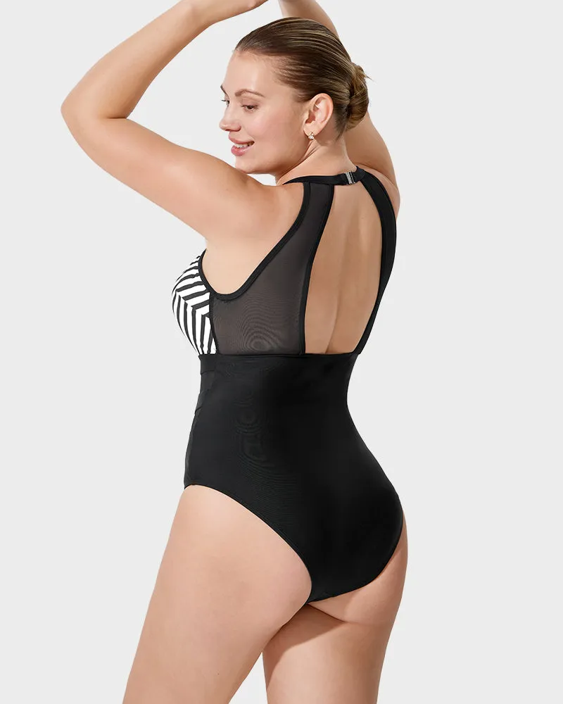 Halter Neck Striped Mesh Insert One-Piece Swimsuit