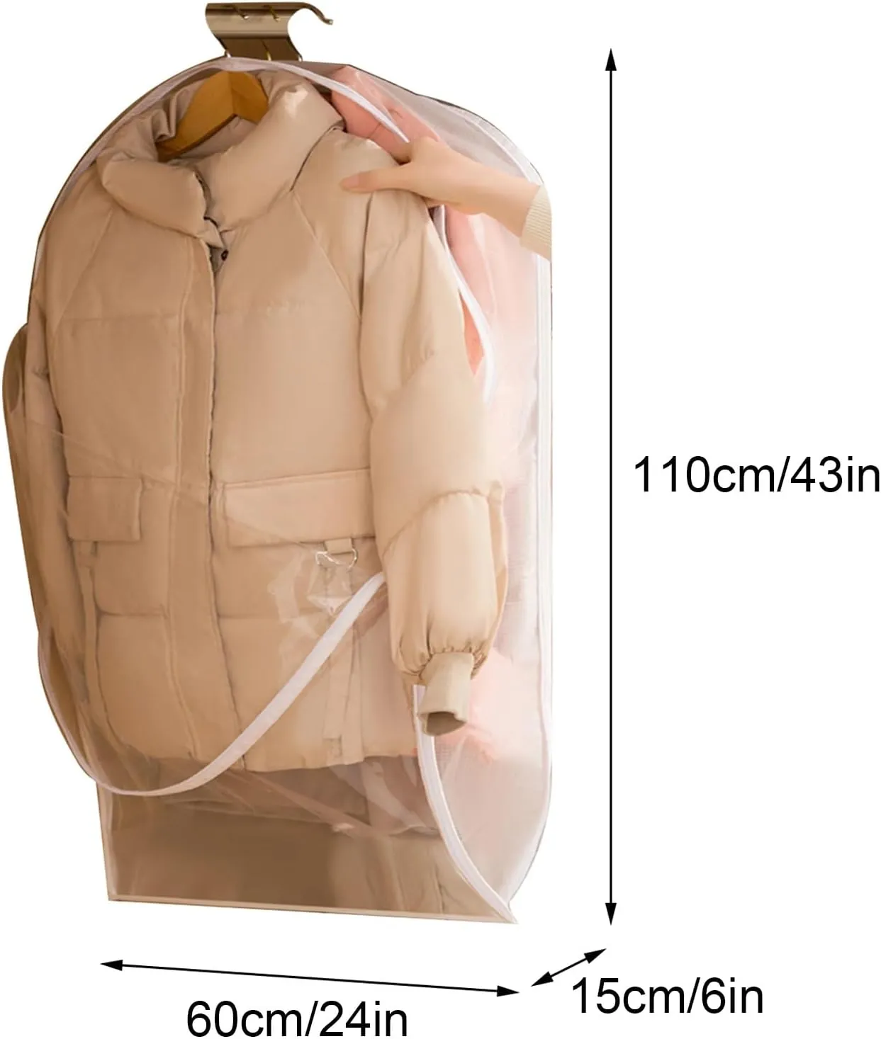 Hanging Garment Bag, Clothes Cover, Side Zipper Design, Large Transparent Window, Suitable for Down Jackets, Coats, Winter Thick Clothes(60x110x15cm x43x6in)