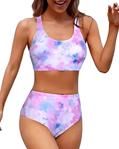 High Cut Legs Women Two Piece Bikini Sports Crop Top Swimsuit-Color Tie Dye