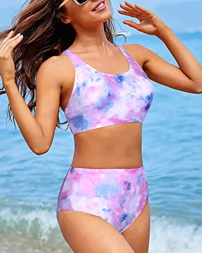 High Cut Legs Women Two Piece Bikini Sports Crop Top Swimsuit-Color Tie Dye