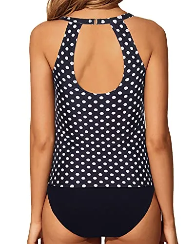 High Neck Halter Top & High Waisted Bottom Two Piece Tankini Swim Suit-Black Dot