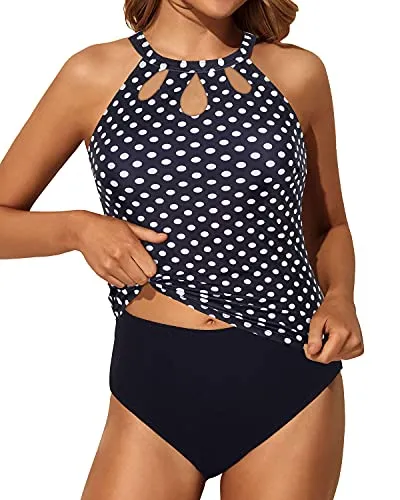 High Neck Halter Top & High Waisted Bottom Two Piece Tankini Swim Suit-Black Dot