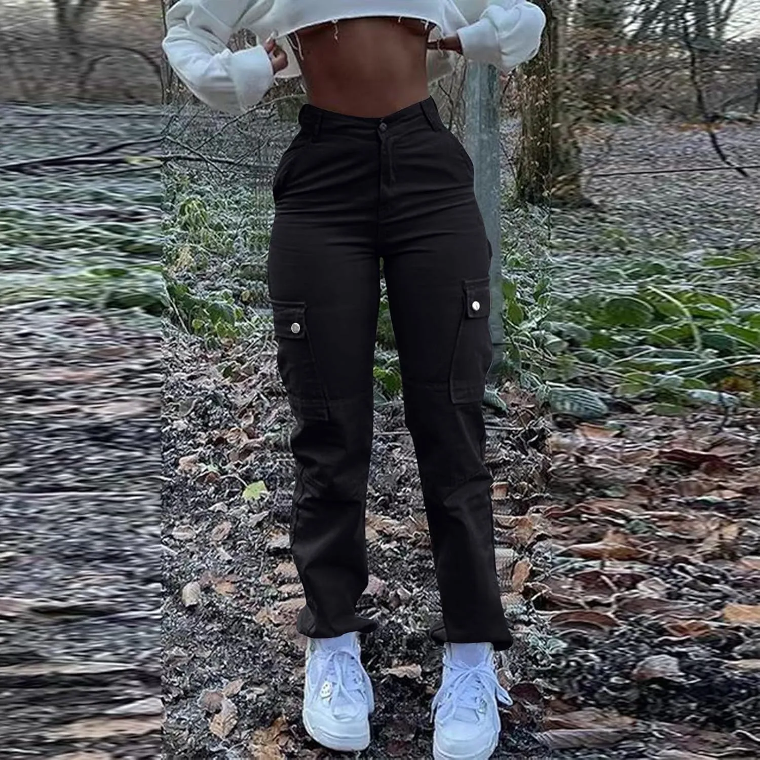 High Waisted Cargo Pants for Women Casual Baggy Cargo Jeans Straight Wide Leg Trousers Stretchy Pants with Pockets