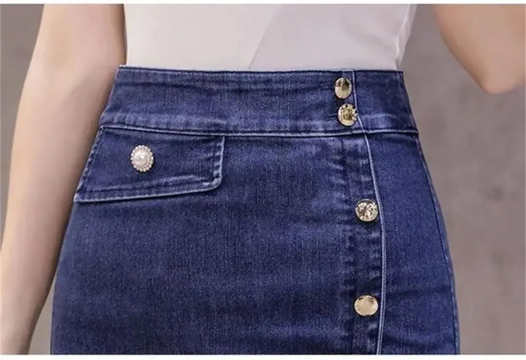 High Waisted Denim Skirt for Women Spring Summer Fashion Slim Lace A-Line Wrapped Buttocks Skirts
