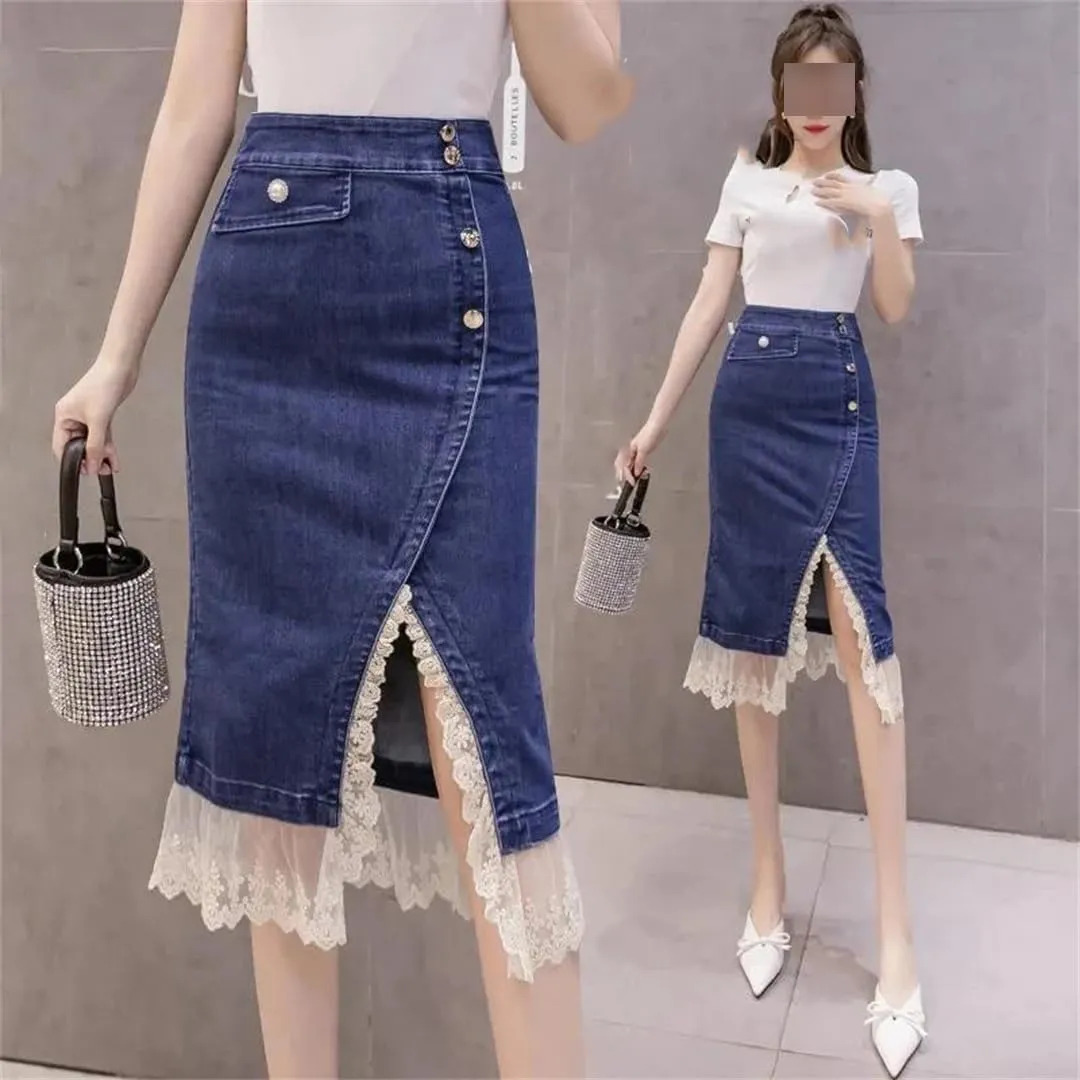 High Waisted Denim Skirt for Women Spring Summer Fashion Slim Lace A-Line Wrapped Buttocks Skirts