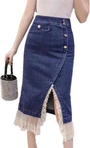 High Waisted Denim Skirt for Women Spring Summer Fashion Slim Lace A-Line Wrapped Buttocks Skirts