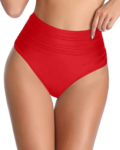 High Waisted Retro Bikini Bottom Tummy Control-Red