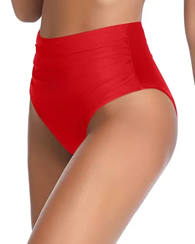 High Waisted Retro Bikini Bottom Tummy Control-Red