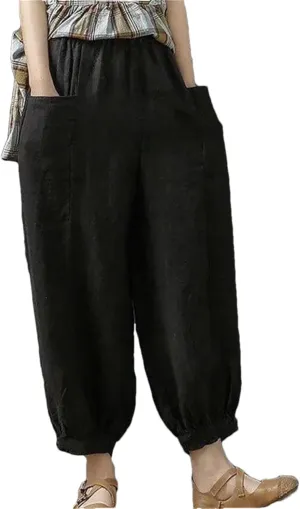 Hndudnff Women Summer Ankle-Length Pants Casual Loose Pocket Elastic Waist Harem Pants with Pockets