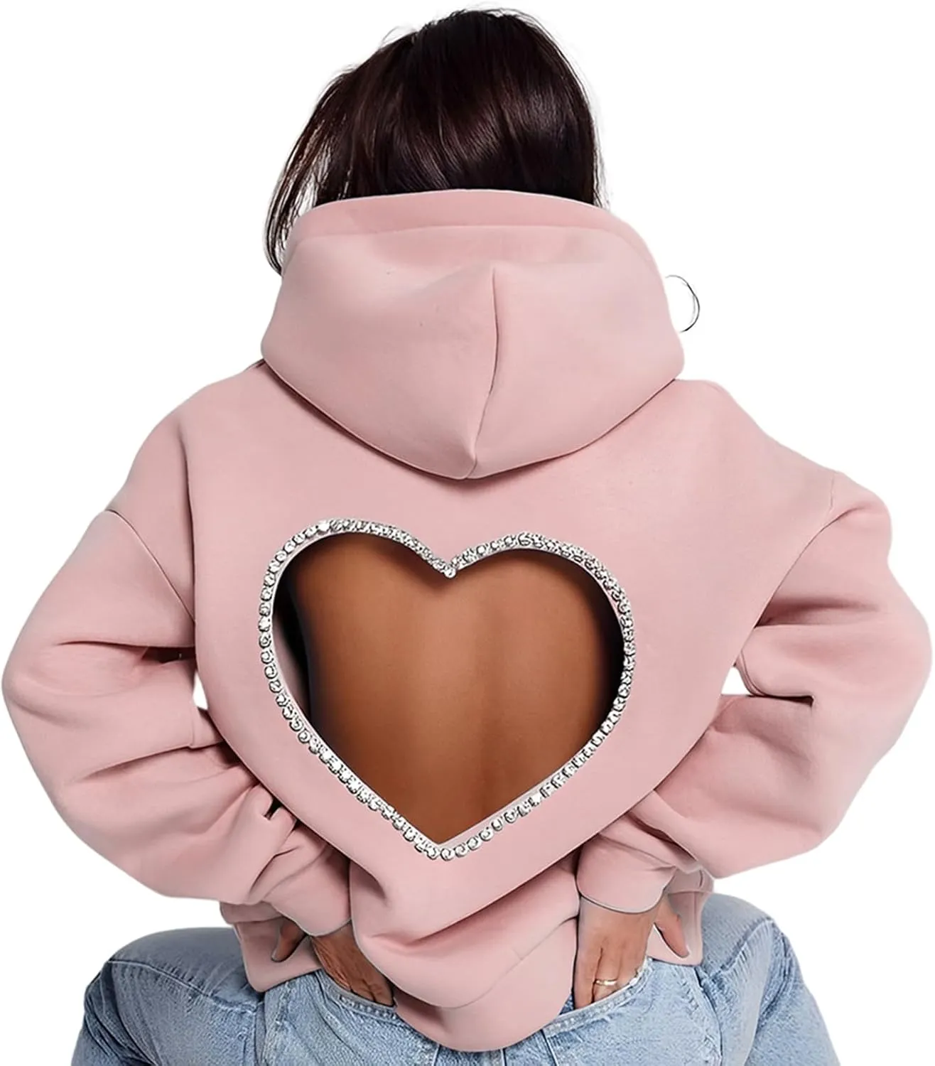 Hoodies for Women Diamonds Sweet Love Cutout Backless Sweatshirts Oversized Hooded Sweatshirt Casual Loose Pullover