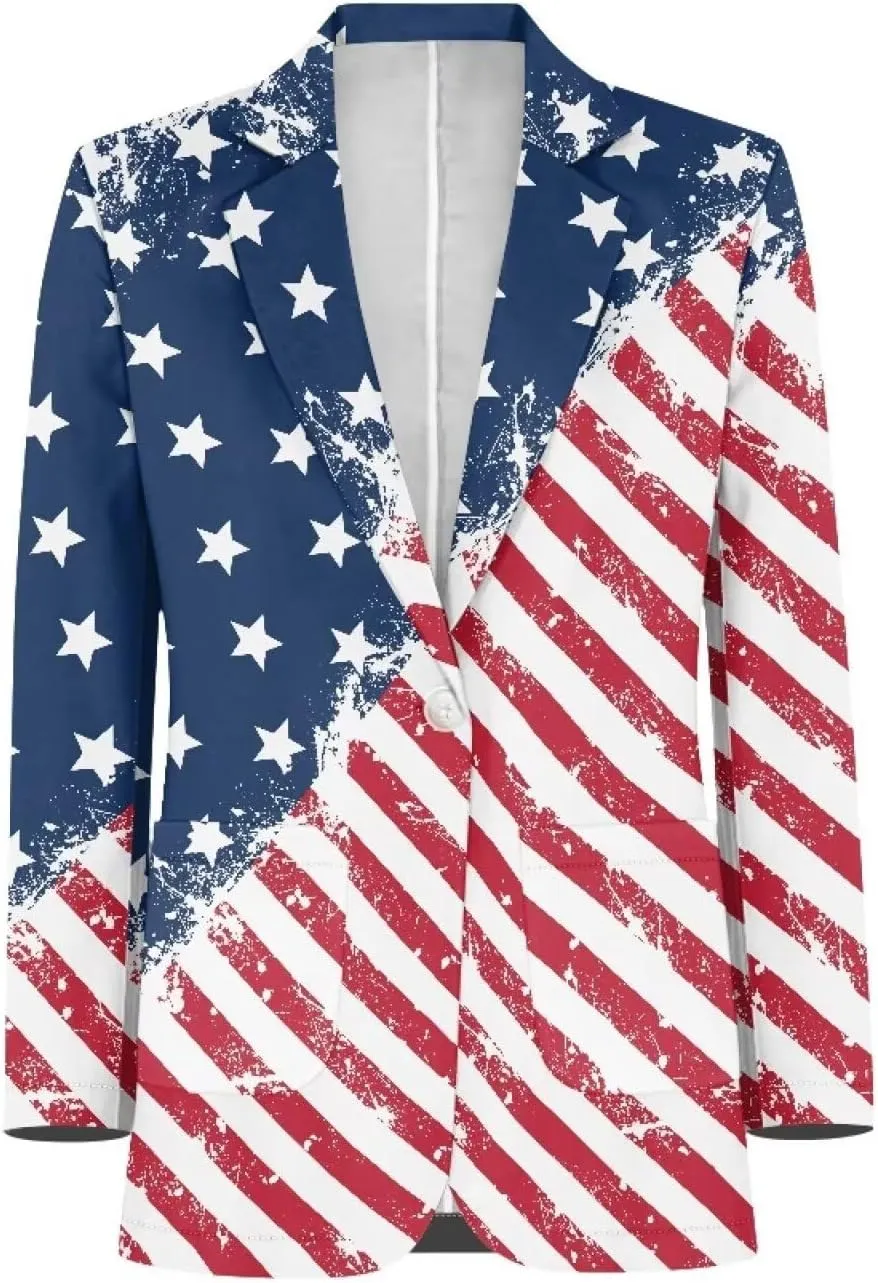 Horeset American Flag Bald Eagle Women's Graphic Print Blazer Button Open Front Long Sleeve Jacket