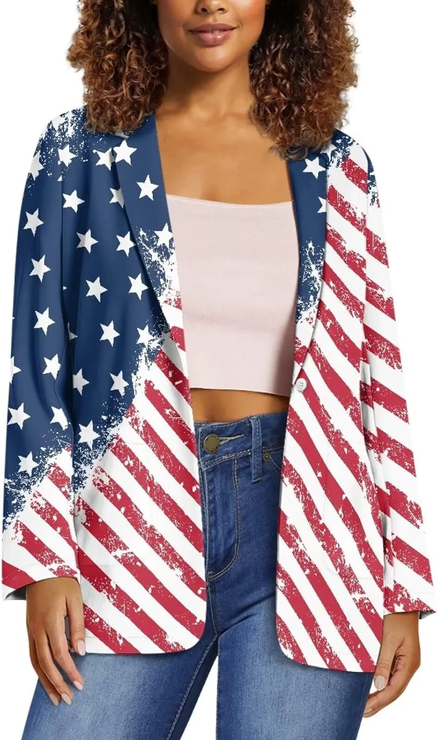 Horeset American Flag Bald Eagle Women's Graphic Print Blazer Button Open Front Long Sleeve Jacket