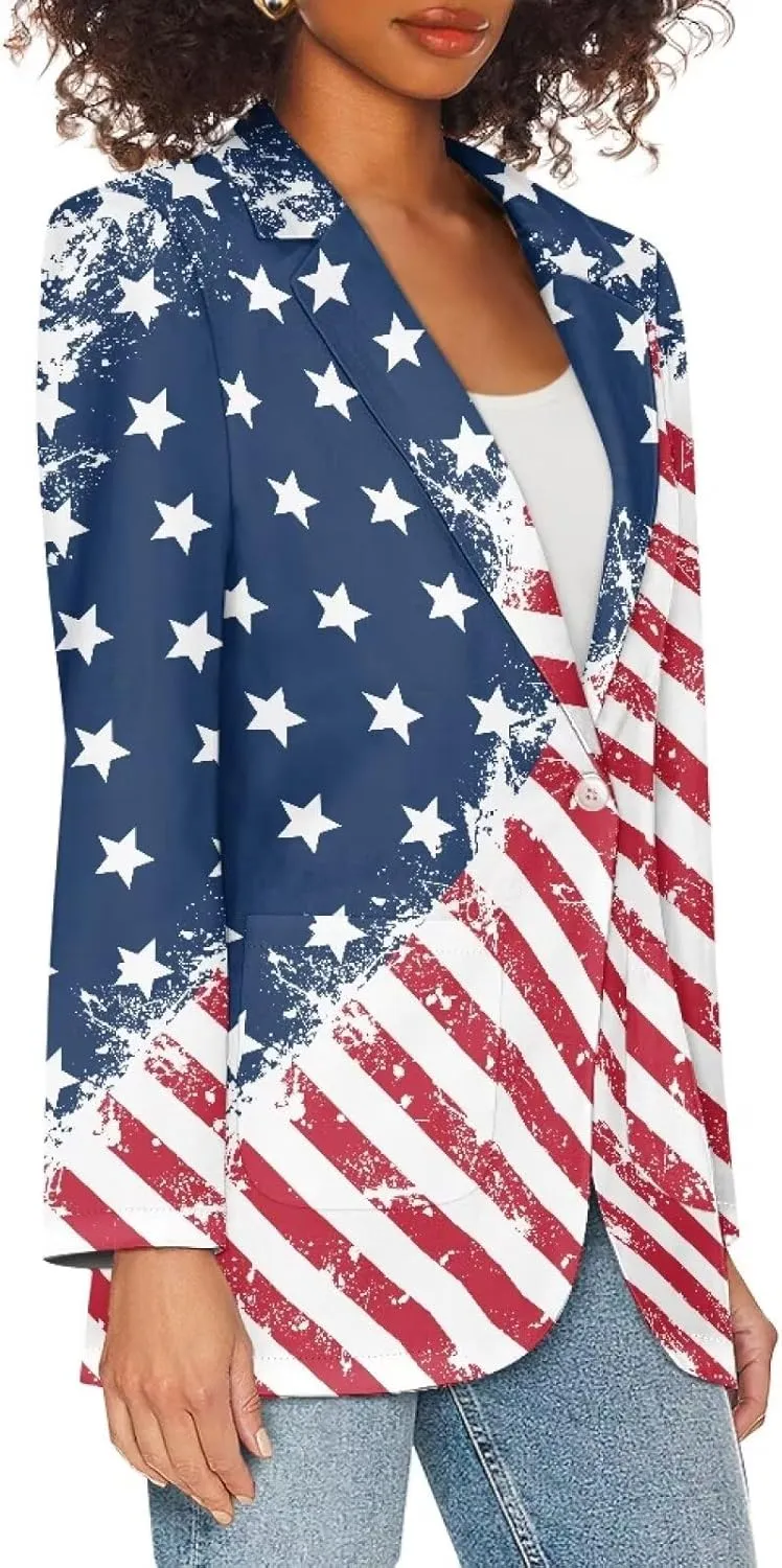 Horeset American Flag Bald Eagle Women's Graphic Print Blazer Button Open Front Long Sleeve Jacket