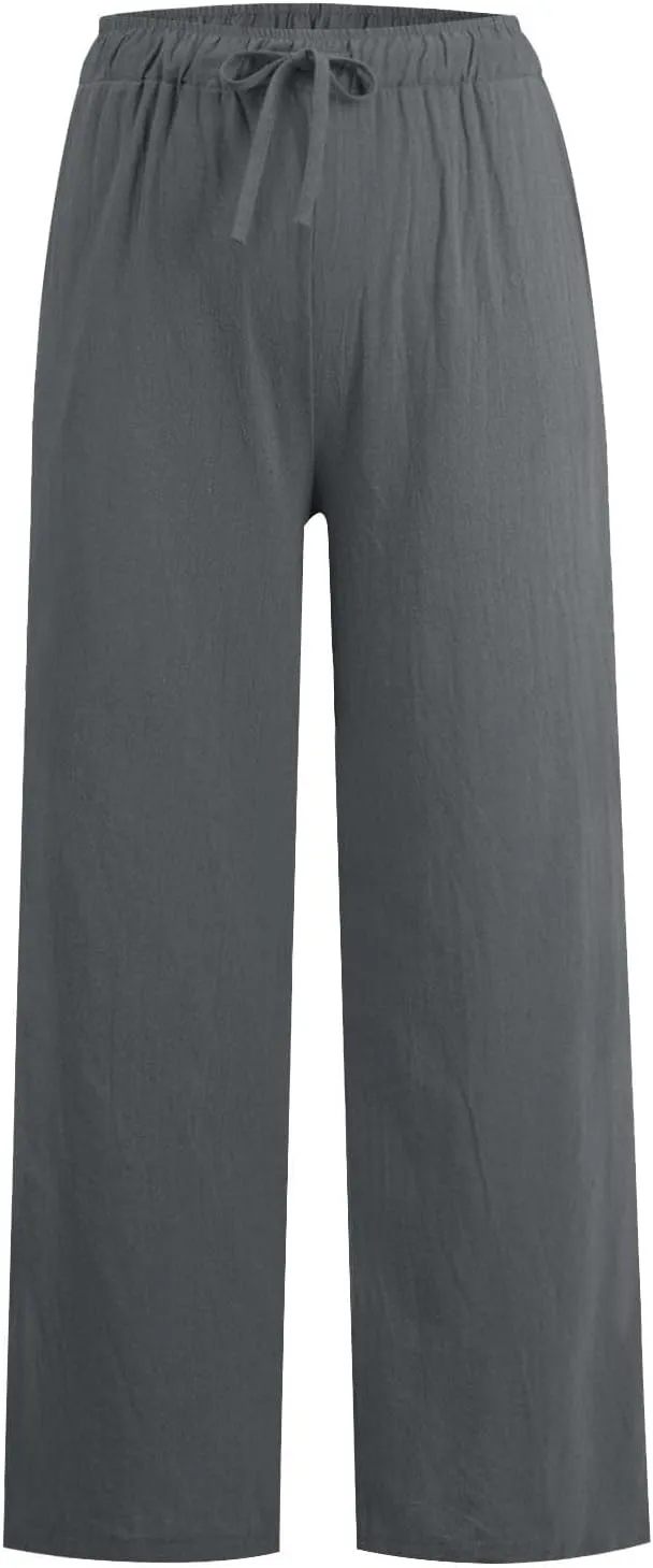 HOTYD Women's Cotton Linen Pants Summer Wide Leg Casual Loose Drawstring High Waist Palazzo Pants Trousers with Pockets