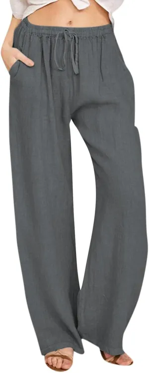 HOTYD Women's Cotton Linen Pants Summer Wide Leg Casual Loose Drawstring High Waist Palazzo Pants Trousers with Pockets