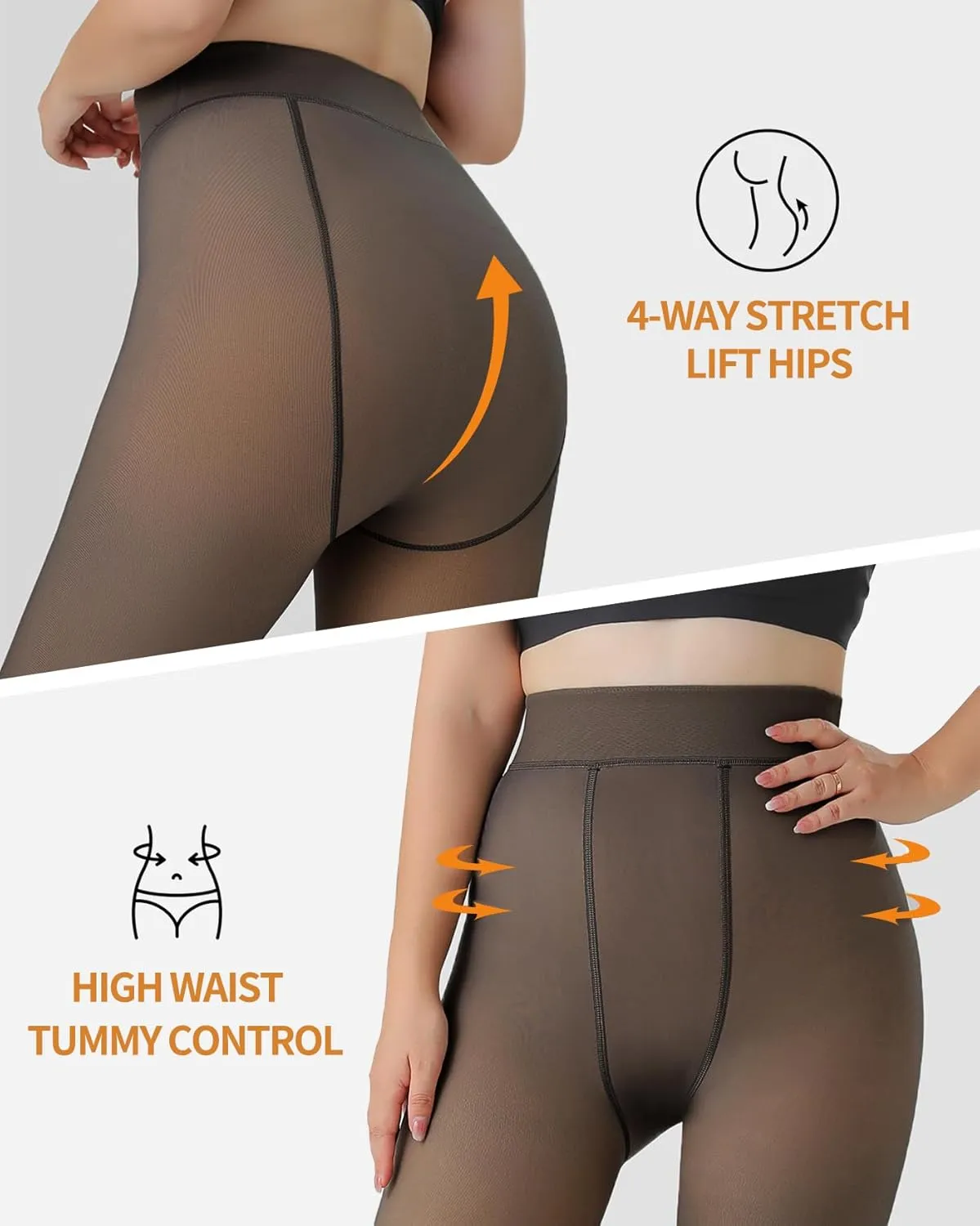 Ibeauti Womens Fleece Lined Tights Sheer Warm Fake Translucent Thermal Pantyhose Stretchy Thick Fleece Tights Control Top