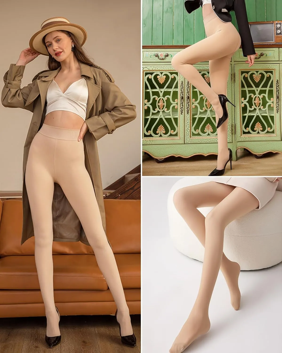Ibeauti Womens Fleece Lined Tights Sheer Warm Fake Translucent Thermal Pantyhose Stretchy Thick Fleece Tights Control Top