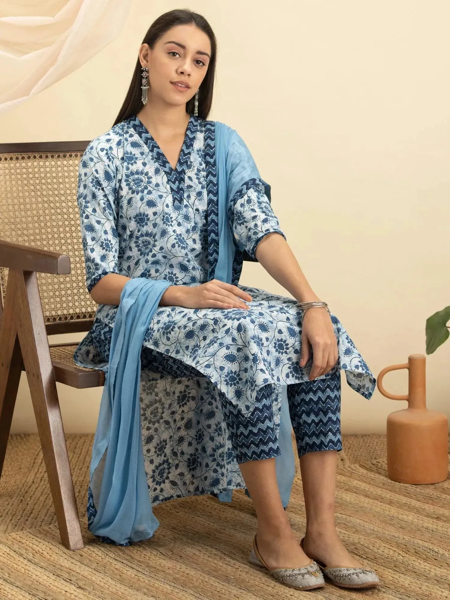 Indigo Printed Cotton Straight Kurta With Dupatta