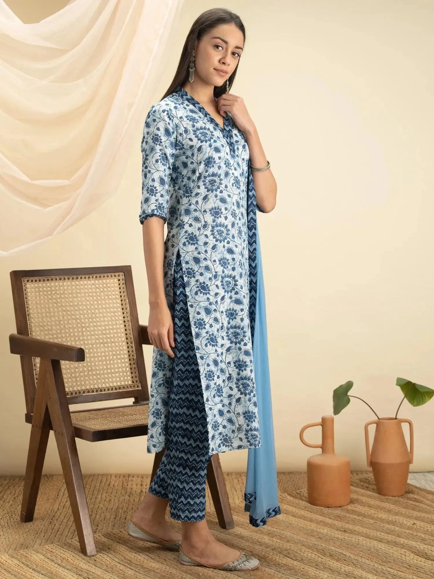 Indigo Printed Cotton Straight Kurta With Dupatta