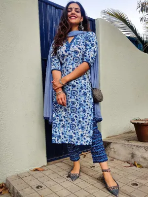 Indigo Printed Cotton Straight Kurta With Dupatta