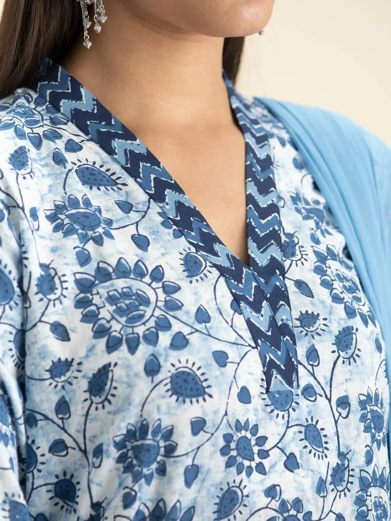 Indigo Printed Cotton Straight Kurta With Dupatta