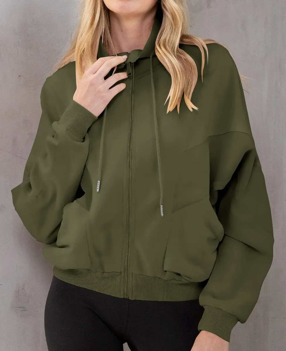 INFITTY Womens Long Sleeve Jacket Full Zip Up Stand Collar with Pockets Casual Batwing Lightweight Sweatshirts