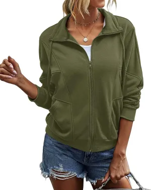INFITTY Womens Long Sleeve Jacket Full Zip Up Stand Collar with Pockets Casual Batwing Lightweight Sweatshirts