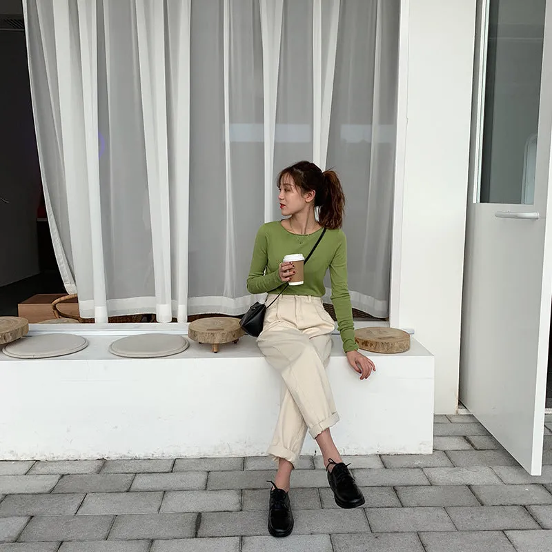 insSolid Colored Minimalist Lazy Folded Knitted Matching Sweater Women Korean Student All-Matching Outerwear