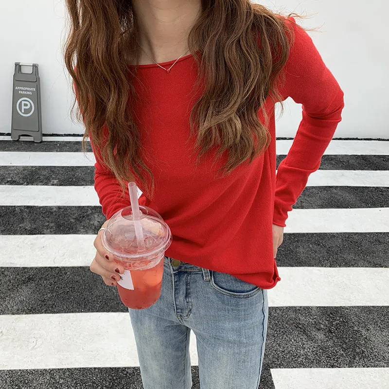 insSolid Colored Minimalist Lazy Folded Knitted Matching Sweater Women Korean Student All-Matching Outerwear