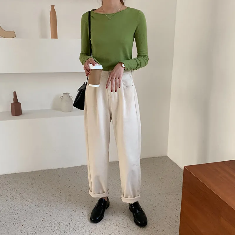 insSolid Colored Minimalist Lazy Folded Knitted Matching Sweater Women Korean Student All-Matching Outerwear