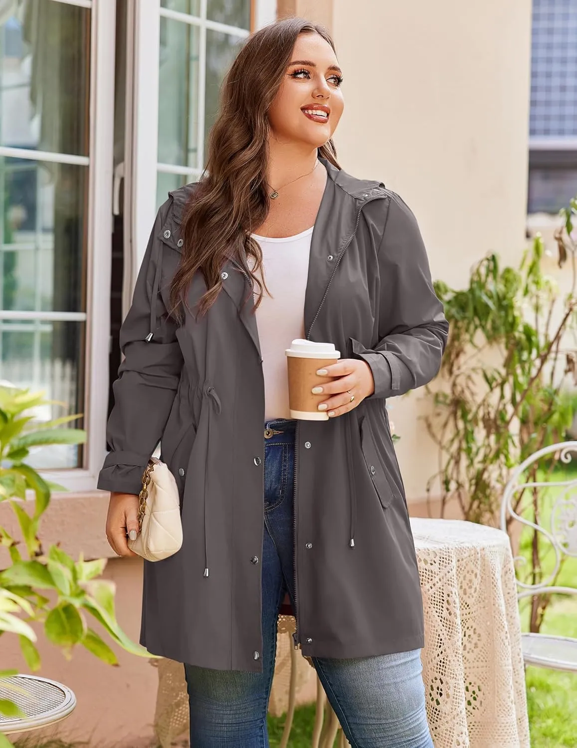IN'VOLAND Plus Size Rain Jackets For Women Waterproof Rain Coats with Hood Lightweight Windbreaker Outdoor Trench Coat