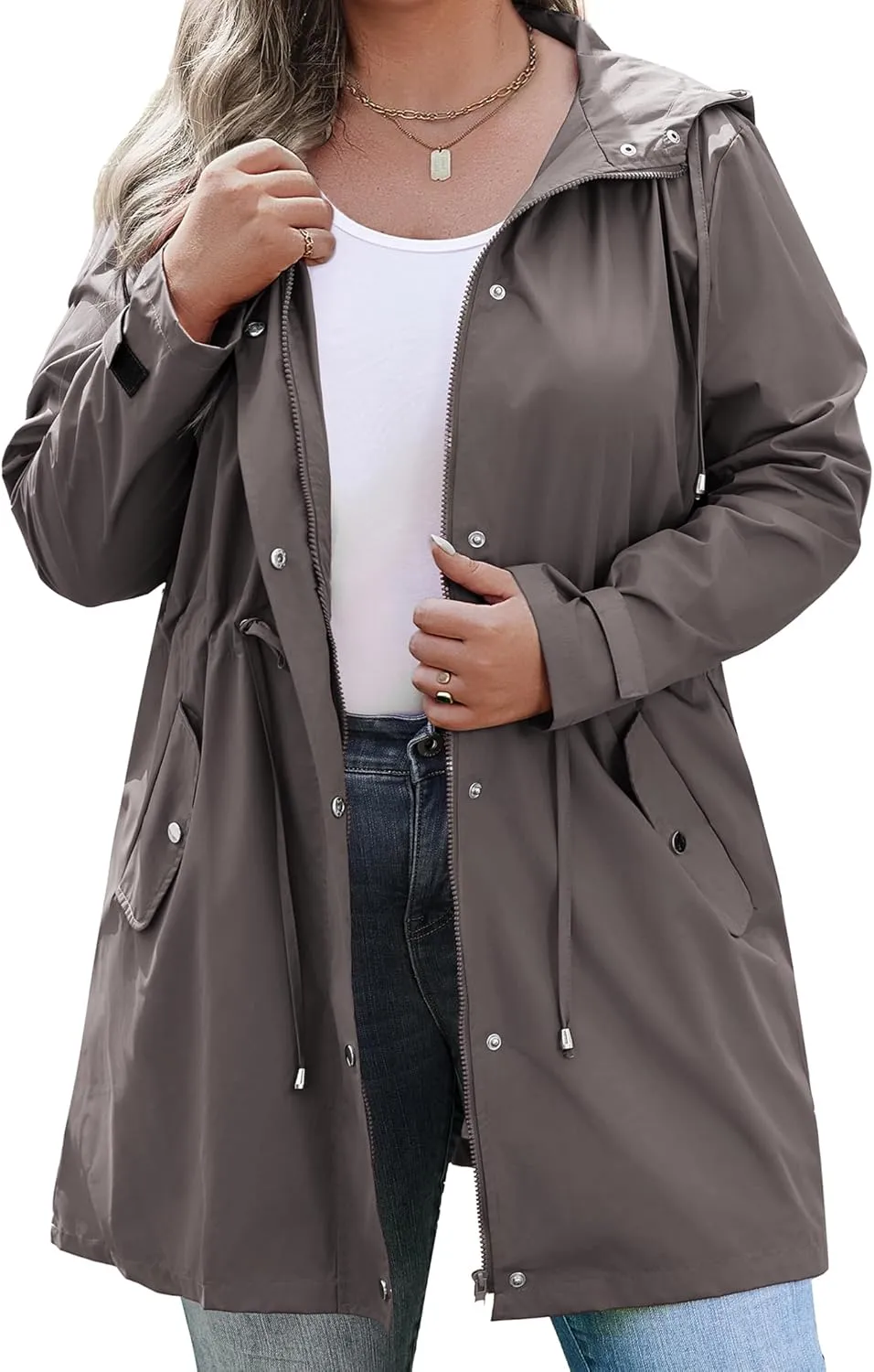 IN'VOLAND Plus Size Rain Jackets For Women Waterproof Rain Coats with Hood Lightweight Windbreaker Outdoor Trench Coat
