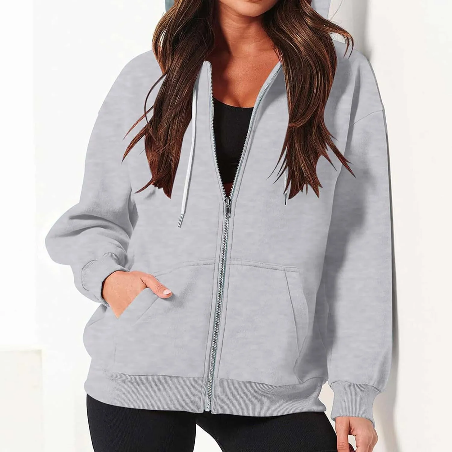 Jackets for Women Zip Up Hoodies Long Sleeve Lightweight Sweatshirts Oversized Loose Fit Athletic Outfit With Pockets