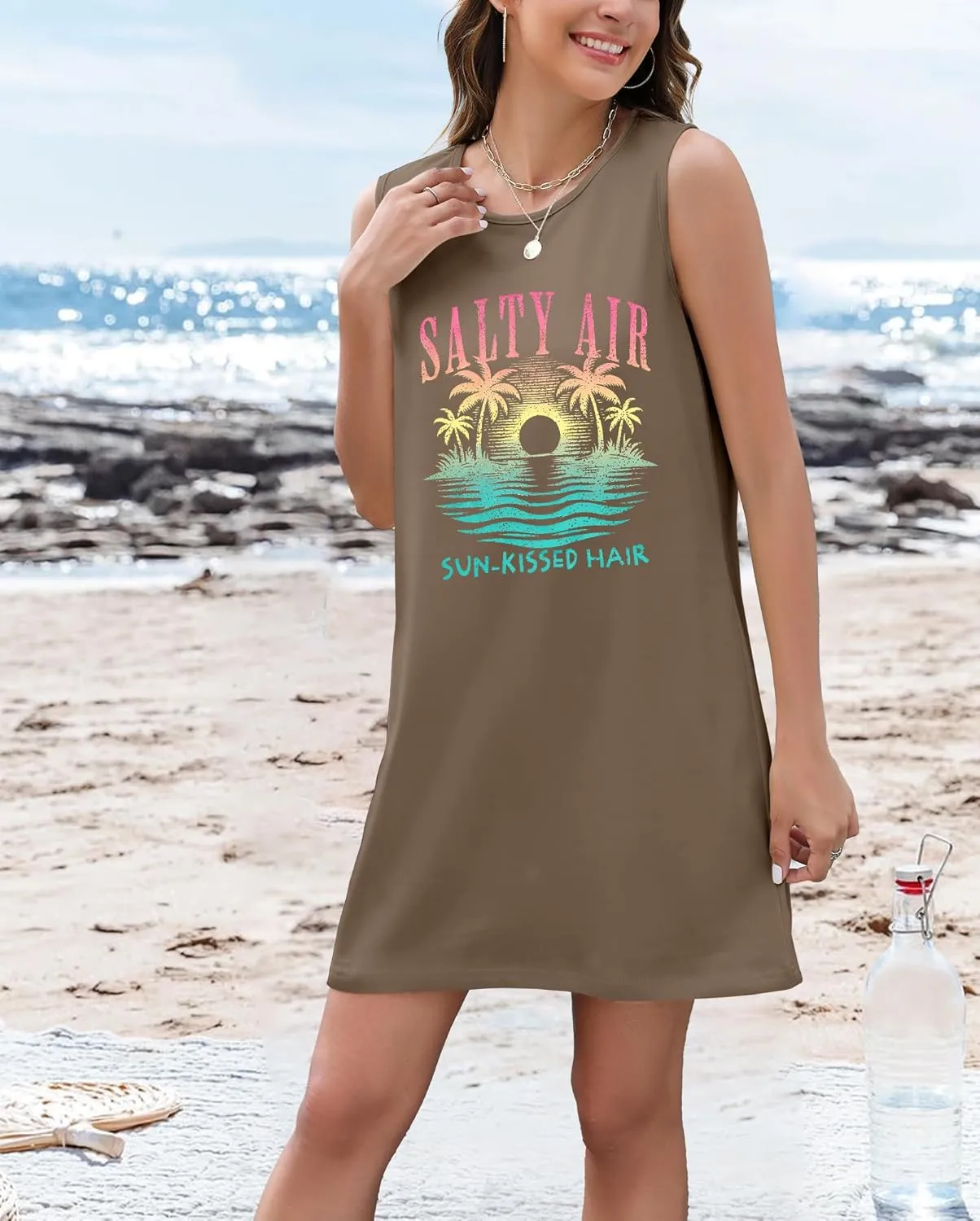 JINTING Summer Sundress for Women Salty Air Mini Tank Dress Plam Trees Graphic Dress Beach Vacation Sleeveless Dresses