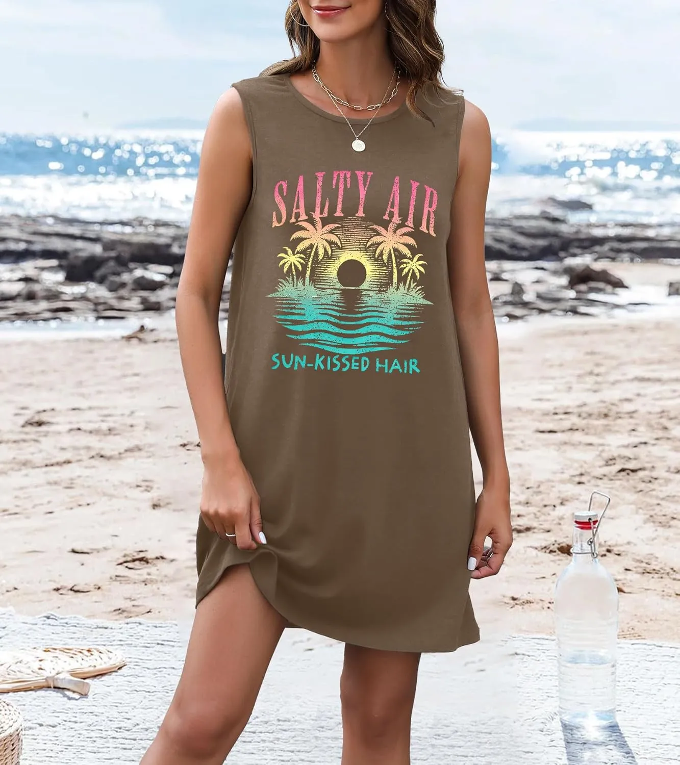 JINTING Summer Sundress for Women Salty Air Mini Tank Dress Plam Trees Graphic Dress Beach Vacation Sleeveless Dresses