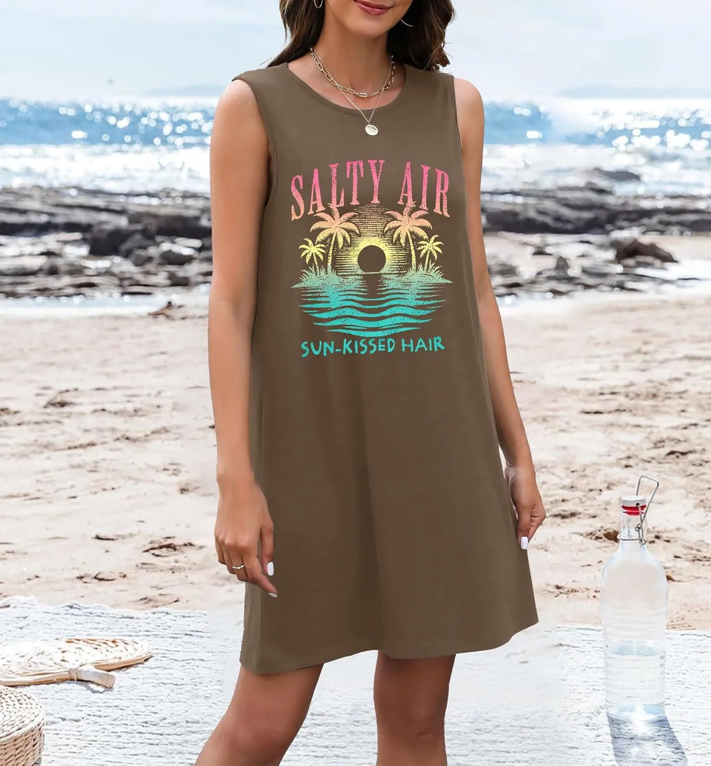 JINTING Summer Sundress for Women Salty Air Mini Tank Dress Plam Trees Graphic Dress Beach Vacation Sleeveless Dresses