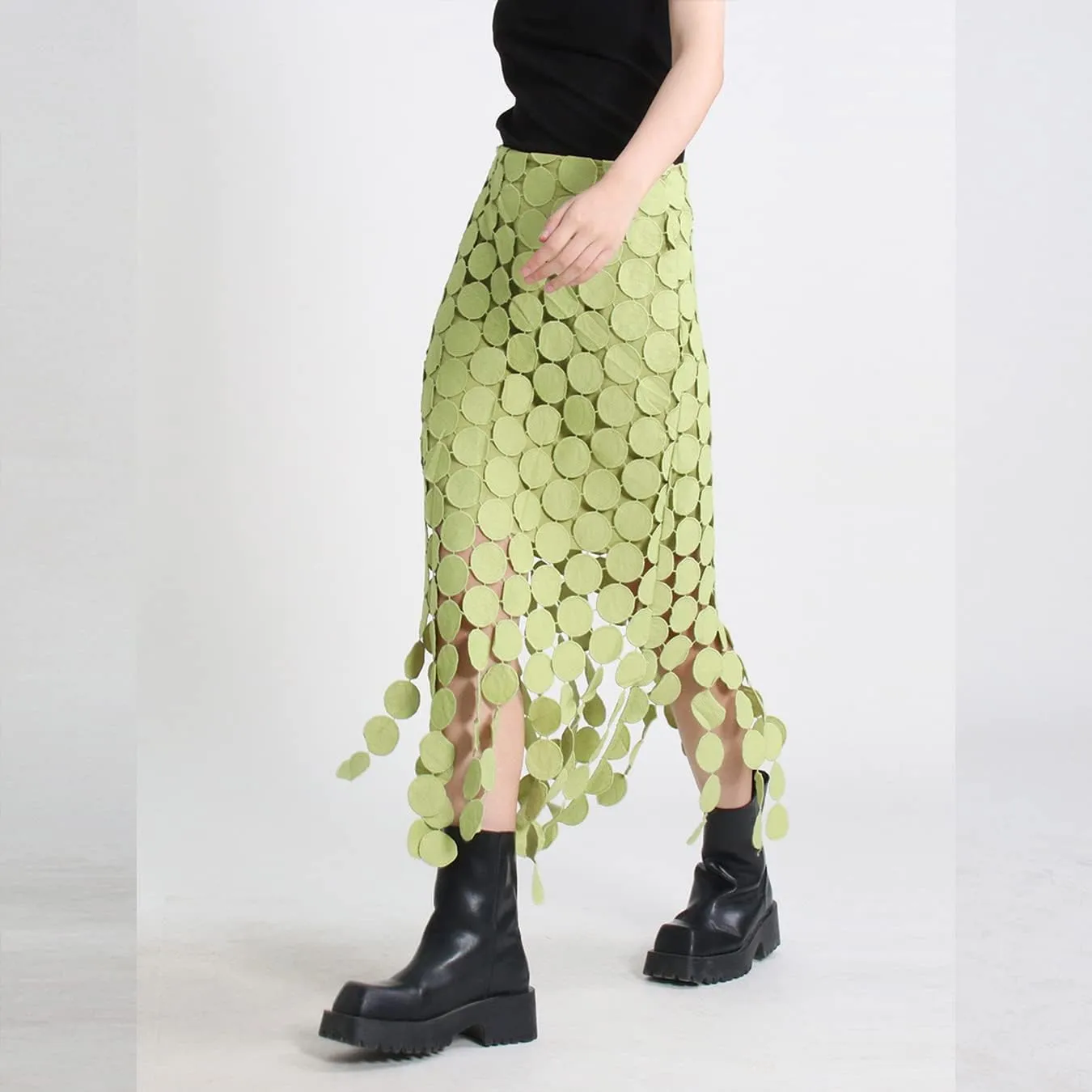 KBLK-JAY Women's Elegant High Waisted Pencil Skirt French Style Tassel Solid Bodycon Midi Skirt