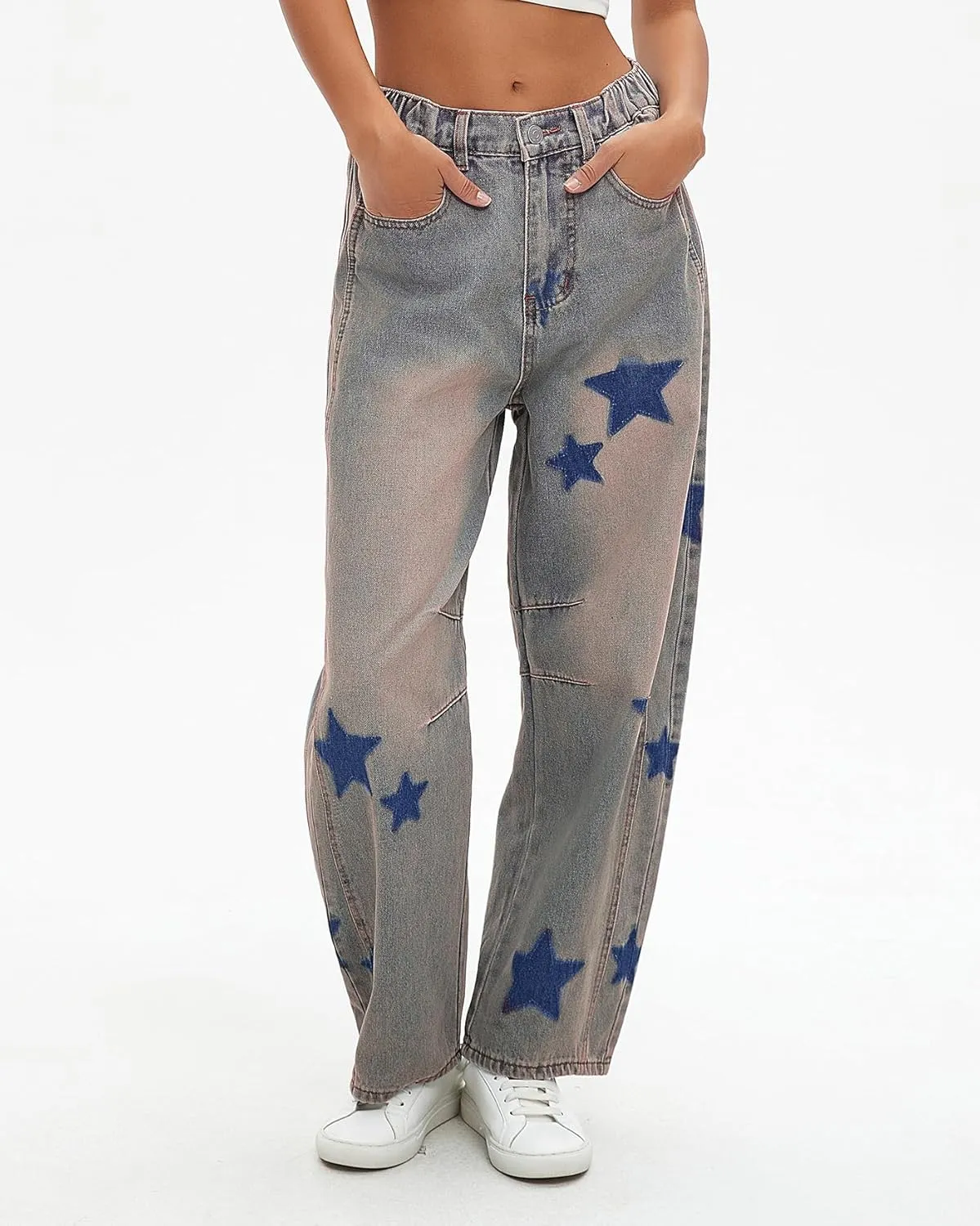 Kedera Women's Barrel Boyfriend Baggy Star Print Jeans Denim Pants Mid Rise Wide Leg Y2K Horseshoe Jeans Trendy