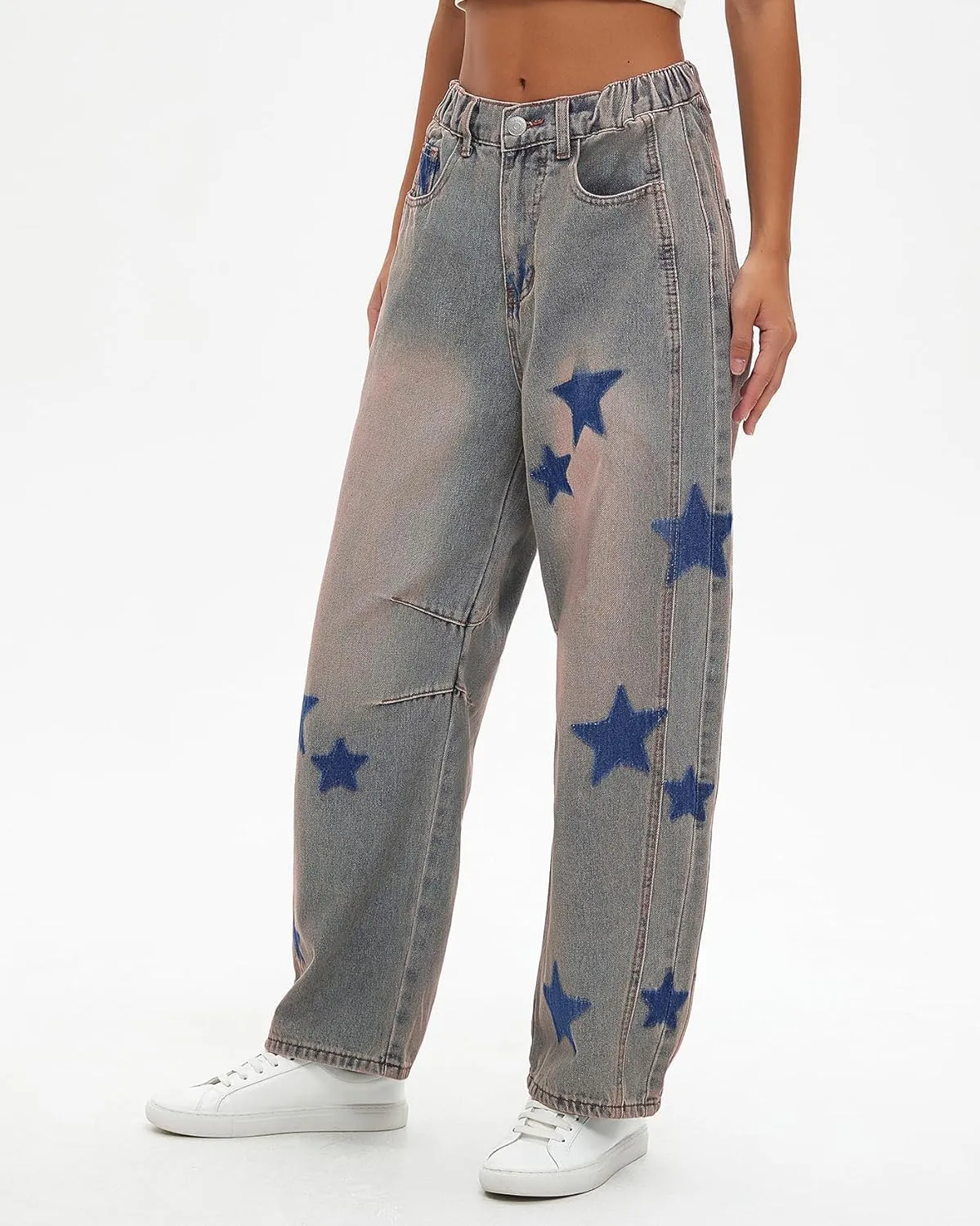 Kedera Women's Barrel Boyfriend Baggy Star Print Jeans Denim Pants Mid Rise Wide Leg Y2K Horseshoe Jeans Trendy