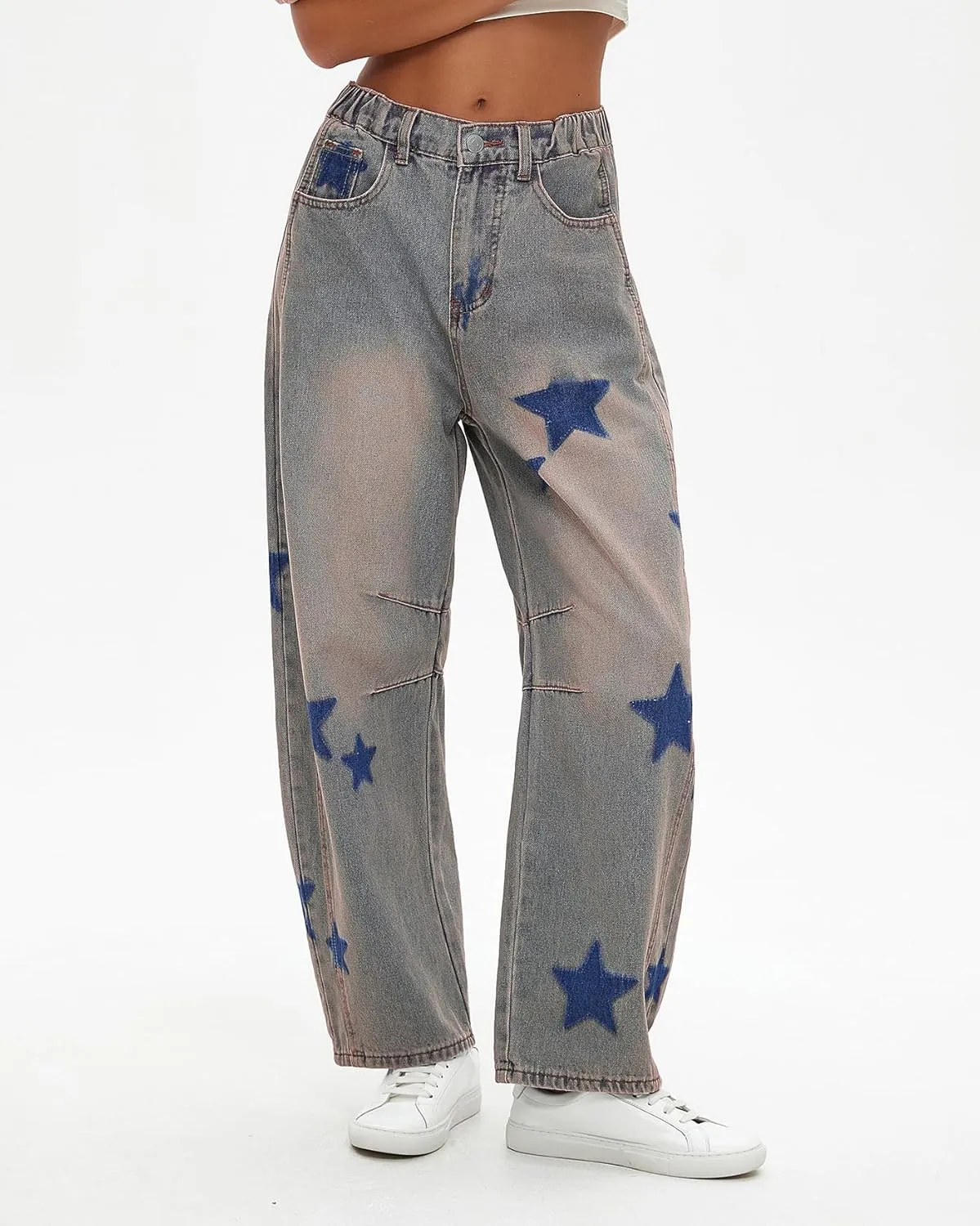 Kedera Women's Barrel Boyfriend Baggy Star Print Jeans Denim Pants Mid Rise Wide Leg Y2K Horseshoe Jeans Trendy