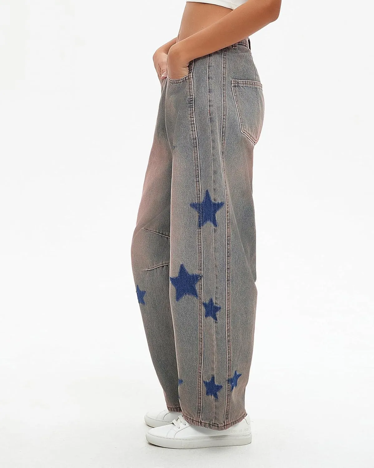 Kedera Women's Barrel Boyfriend Baggy Star Print Jeans Denim Pants Mid Rise Wide Leg Y2K Horseshoe Jeans Trendy