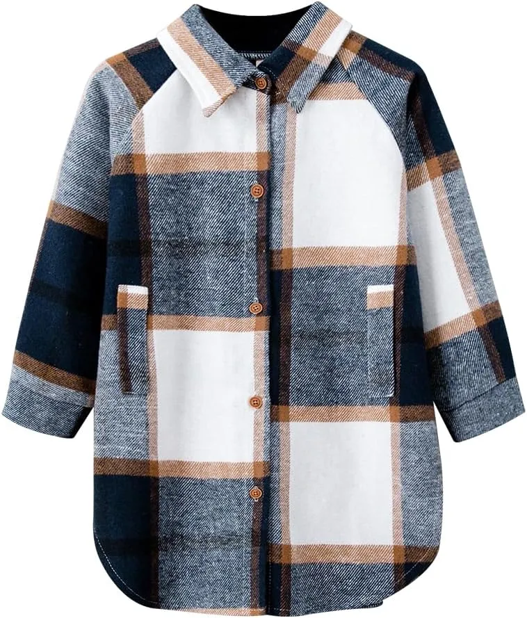 Kids Little Baby Plaid Flannel Shirt Casual Lapel Button Down Shirts Toddler Long Sleeve Plaid Blouses Coats Jackets