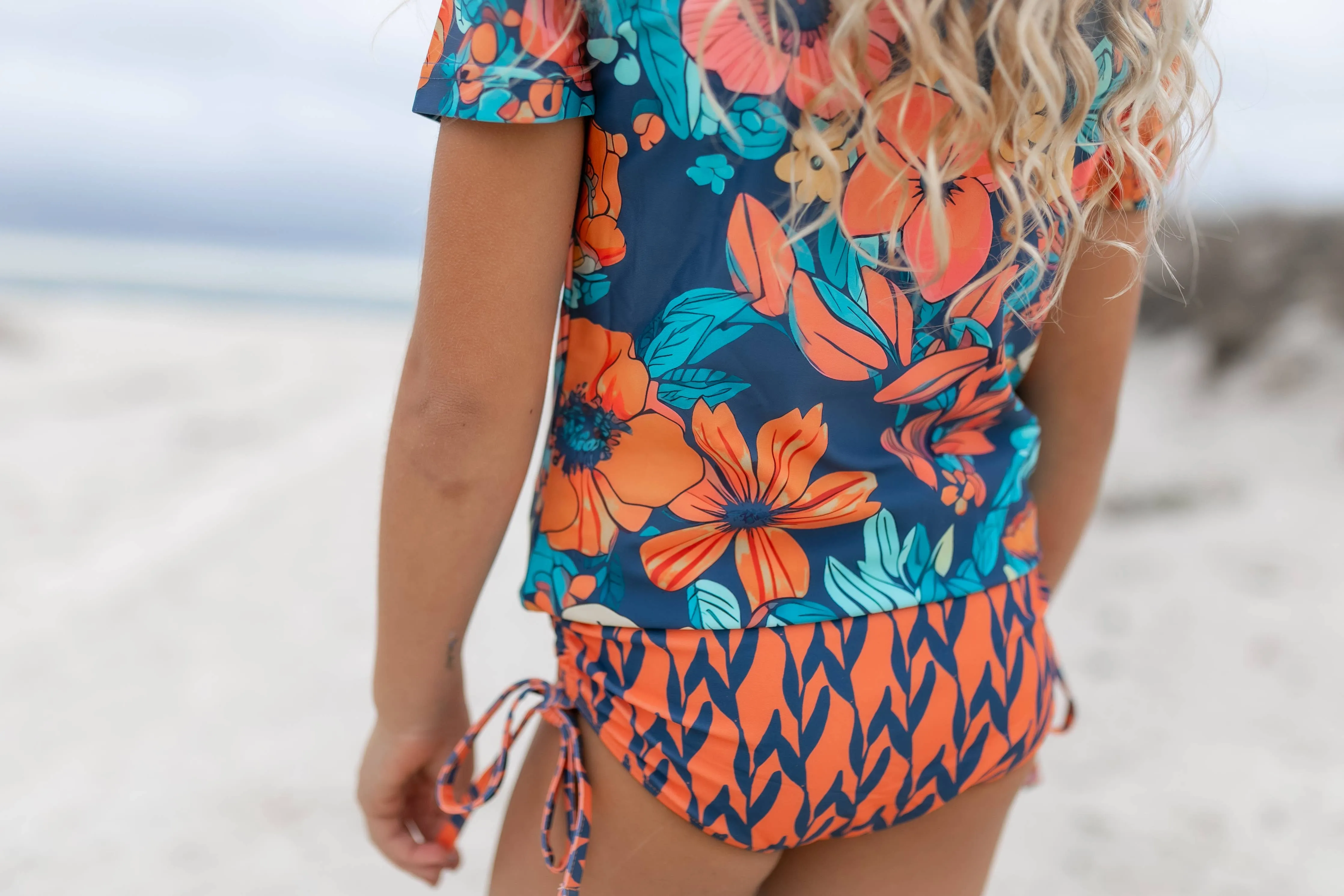 Kids Navy & Orange Floral Short Sleeve Rash Guard Swimsuit: