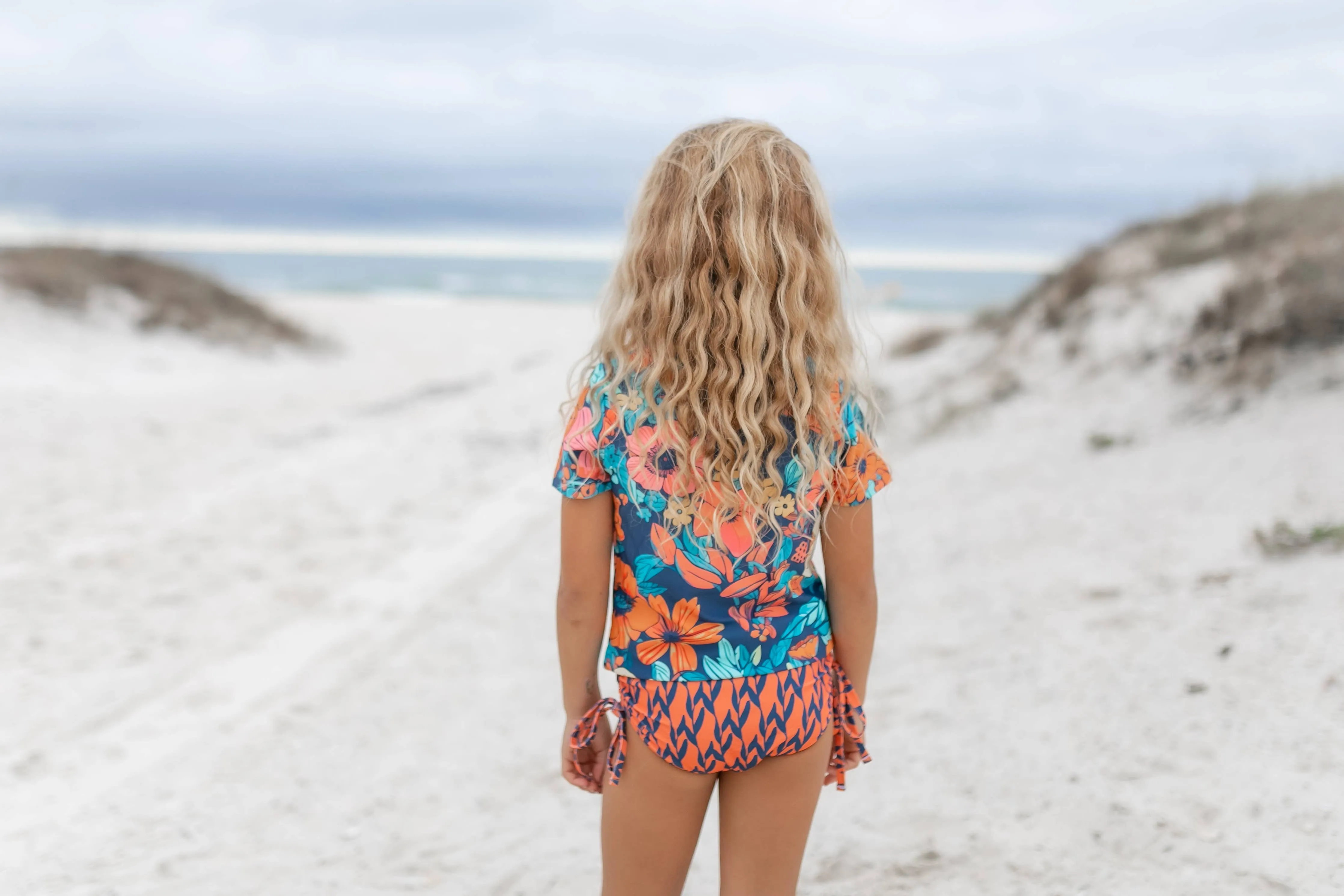 Kids Navy & Orange Floral Short Sleeve Rash Guard Swimsuit: